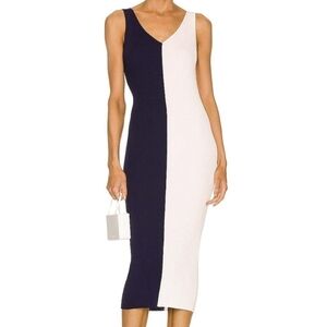 STAUD Nwot Dana Navy White Ribbed Midi V-neck Sleeveless Dress Size Small